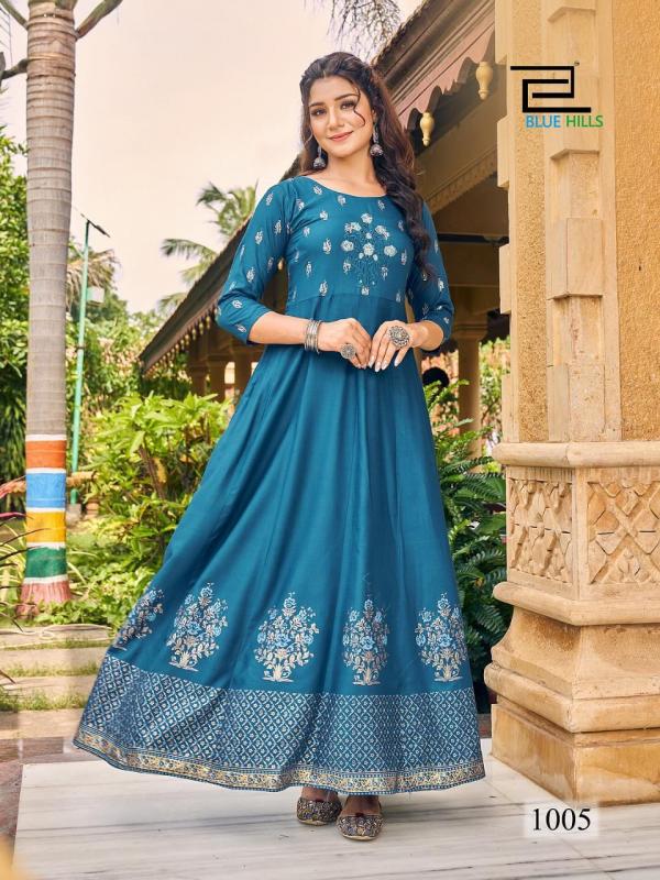 Blue Hills Enagage Designer Heavy Rayon Long Anarkali Kurti For Festival Wear Collection